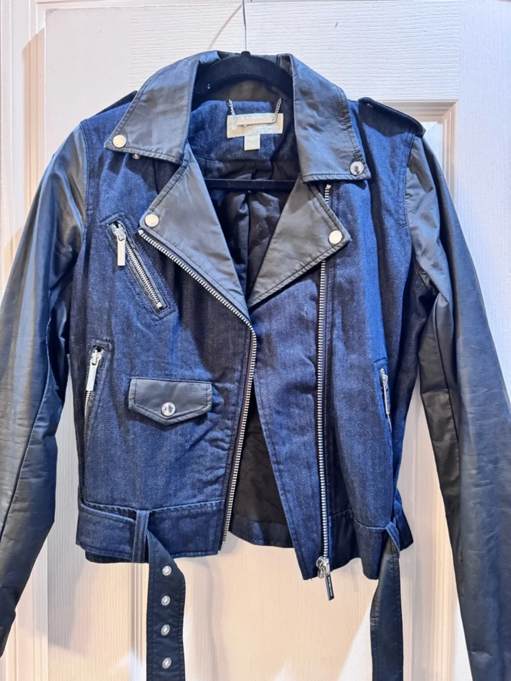 Michael Kors Black Denim and Leather Moto Jacket - Picture 1 of 2